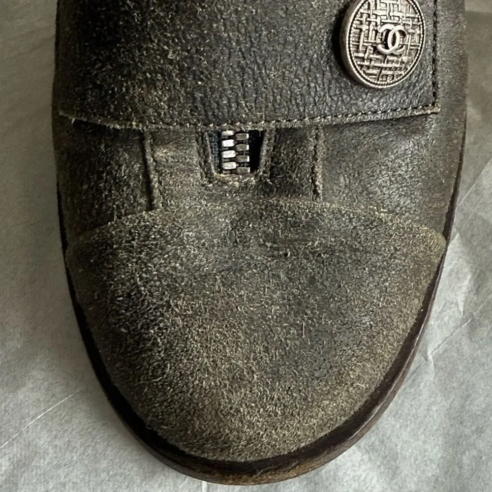 Chanel Women’s Gray Distressed Suede Leather Ankle Boots with CC Logo Buttons.